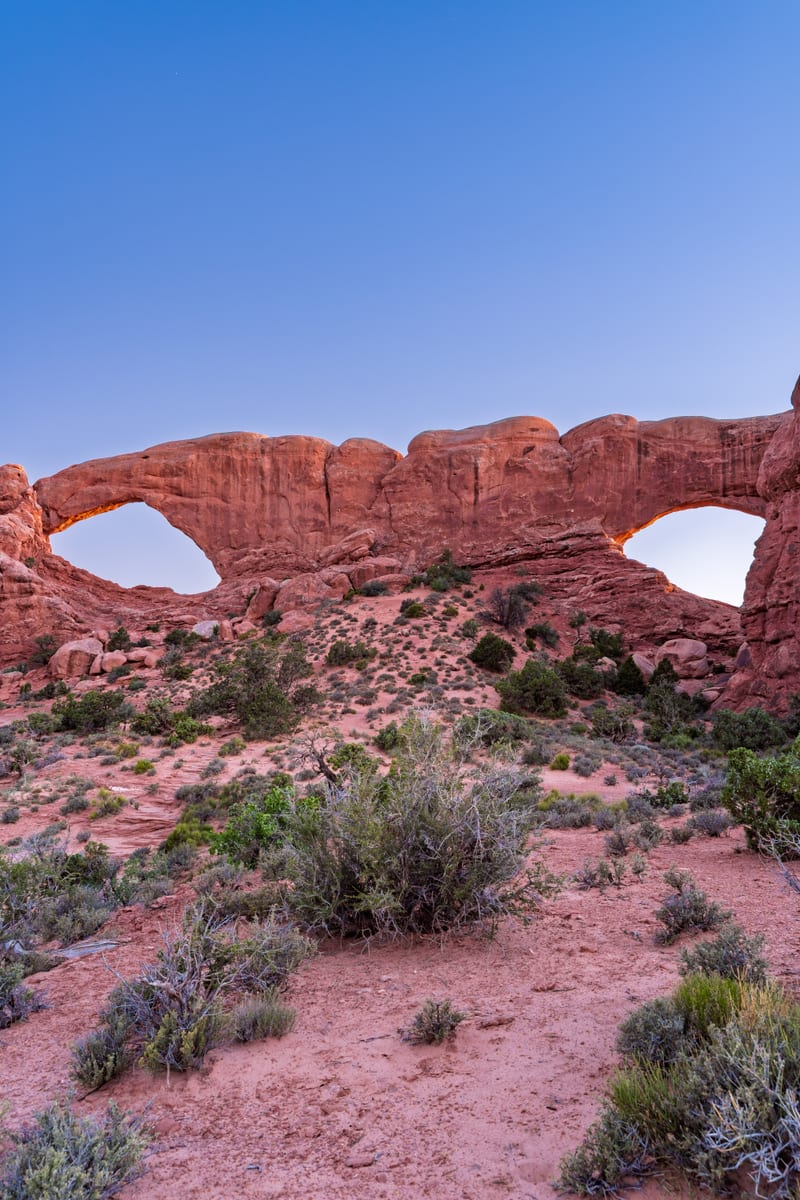 North and South Windows at Blue Hour, Arches National Park, Utah